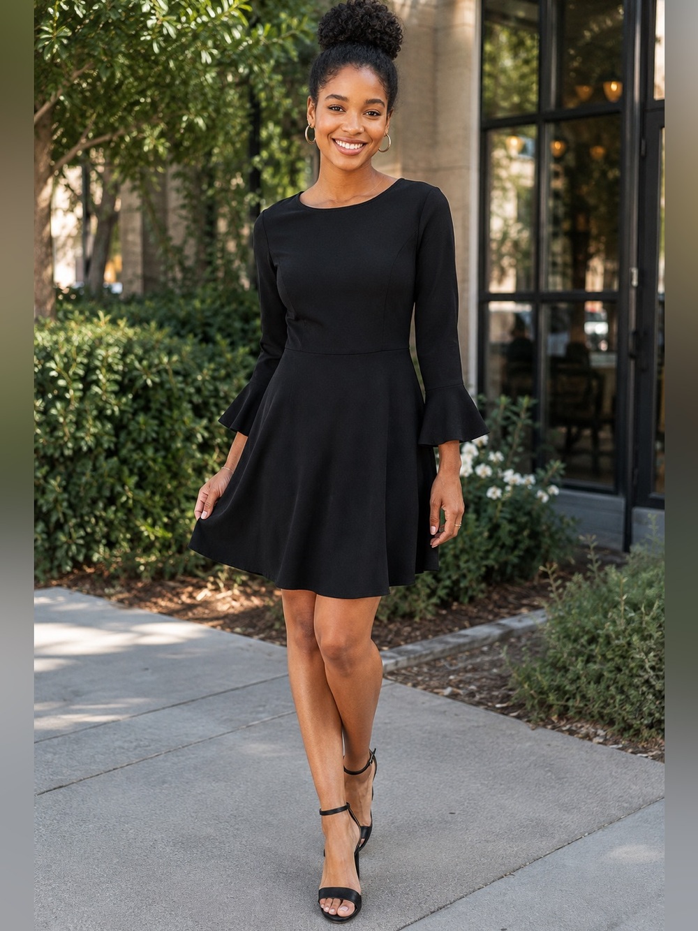 Old Navy Dress Black 3/4 Bell Sleeve Fit Flare A Line NWT